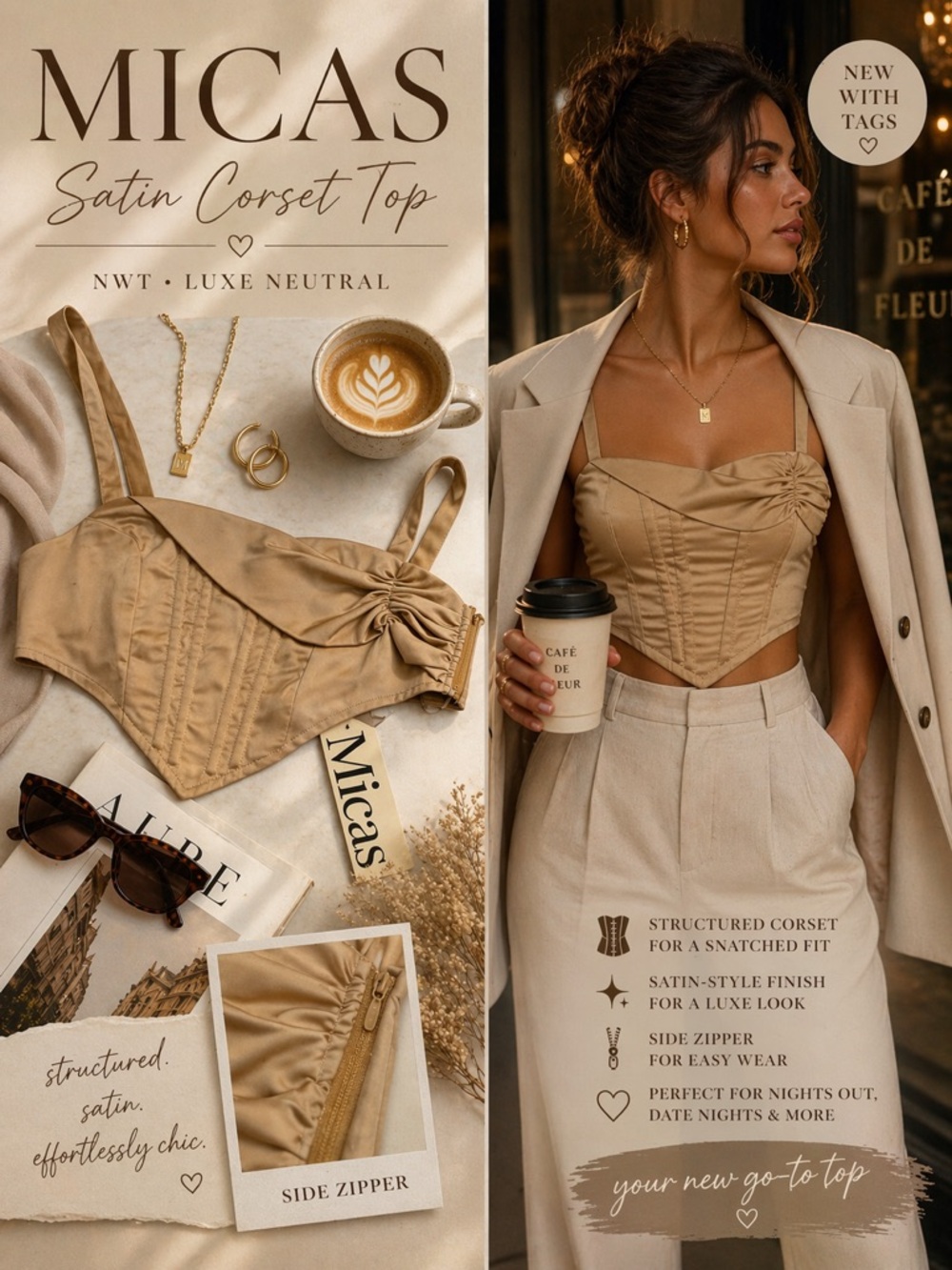 Micas Satin Corset Top Tan NWT Side Zip Structured Bustier